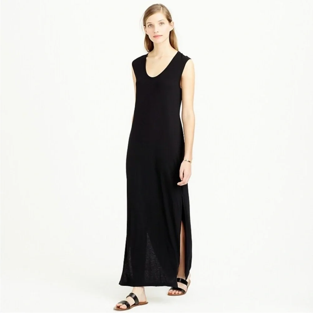 J Crew maxi tank‎ dress small navy blue side slit scoopneck stretch jersey C1536